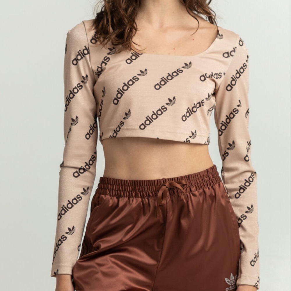 adidas Beige and Black Logo Crop Top